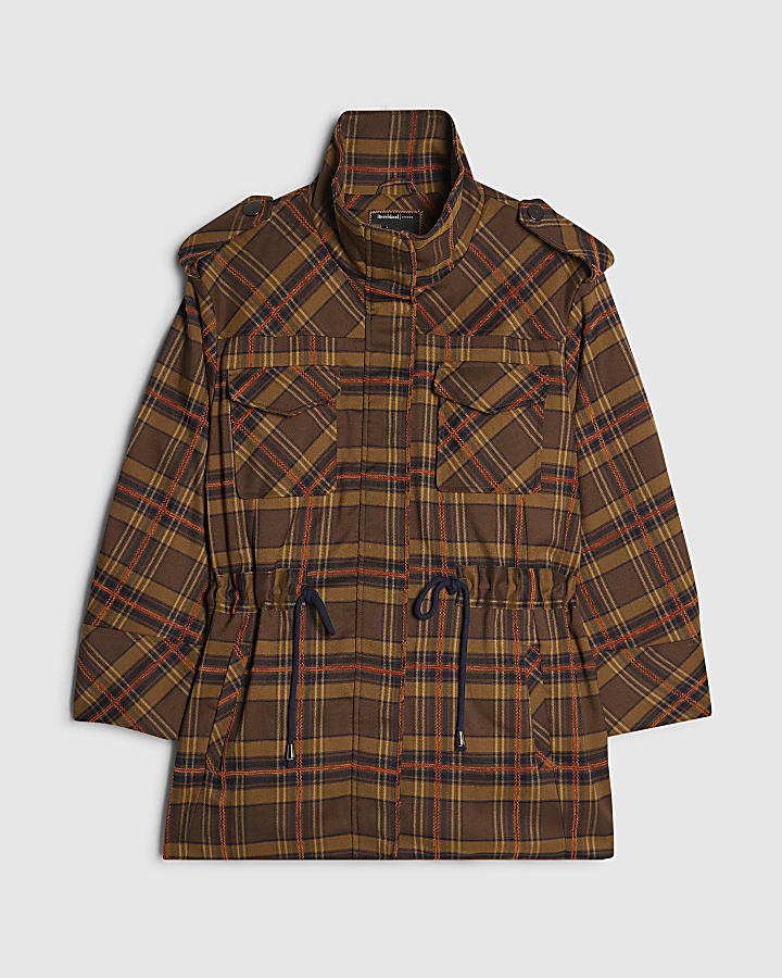 Brown Check Funnel Neck Parka Jacket