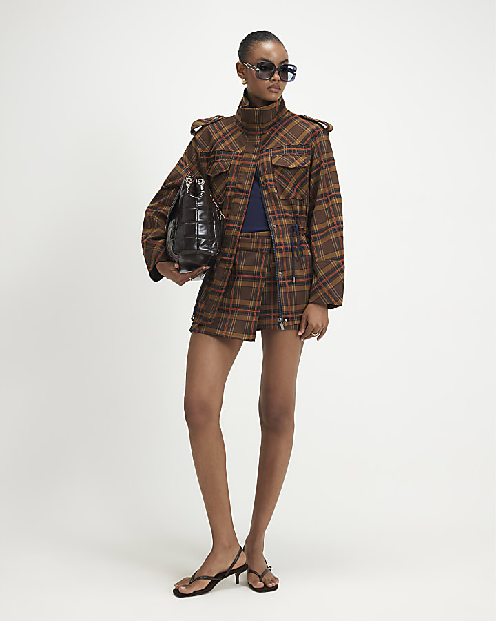 Brown Check Funnel Neck Parka Jacket