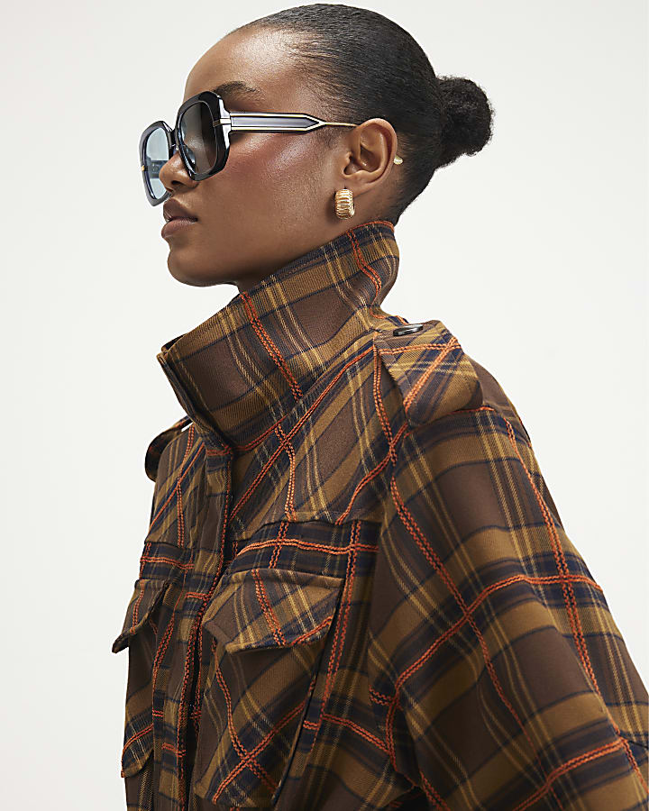 Brown Check Funnel Neck Parka Jacket