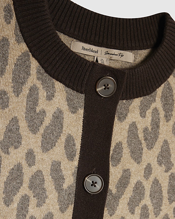 Beige Knitted Leopard Button Through Vest Top