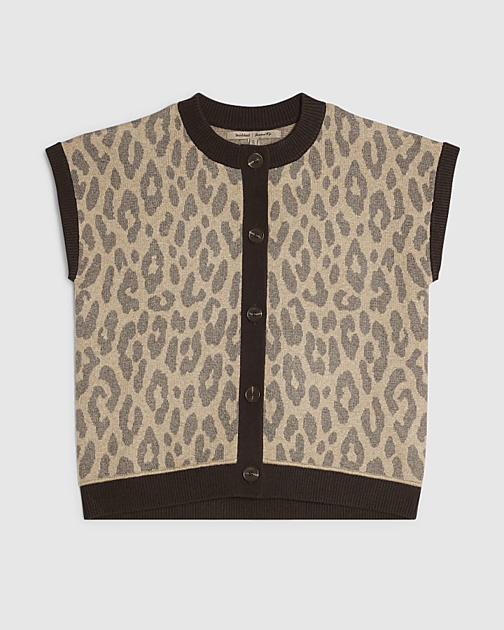Beige Knitted Leopard Button Through Vest Top