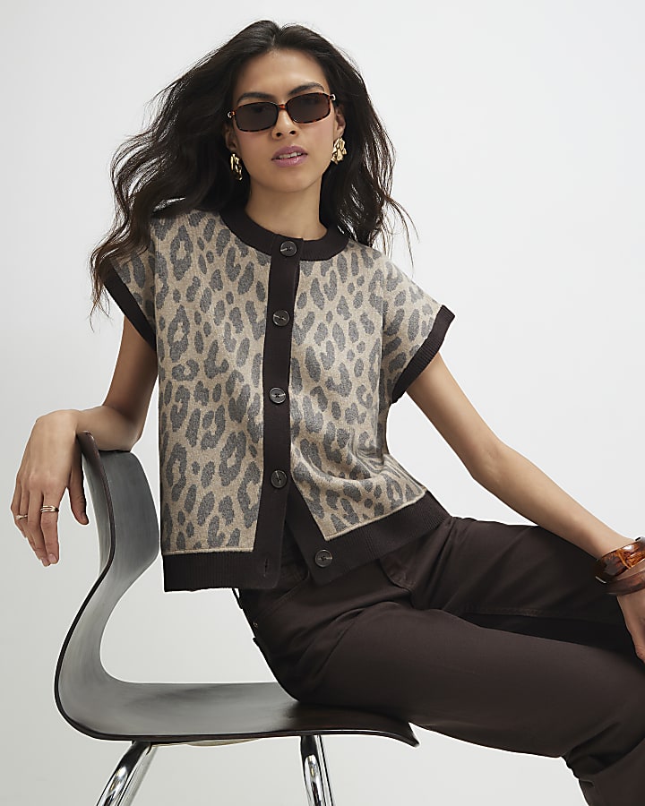 Beige Knitted Leopard Button Through Vest Top