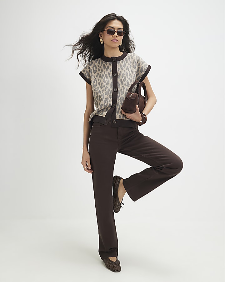 Beige Knitted Leopard Button Through Vest Top