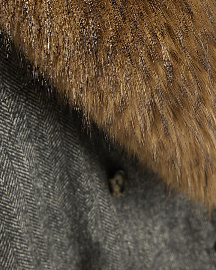 Grey Faux Fur Collar Herringbone Coat