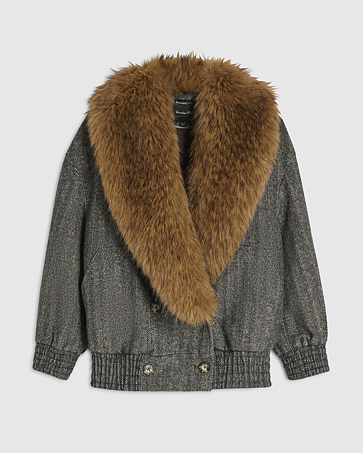 Grey Faux Fur Collar Herringbone Coat