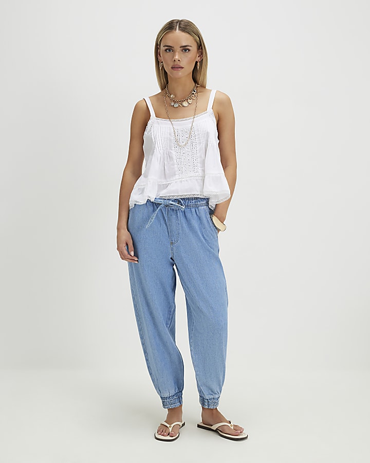 Petite Blue Cuffed Denim Joggers