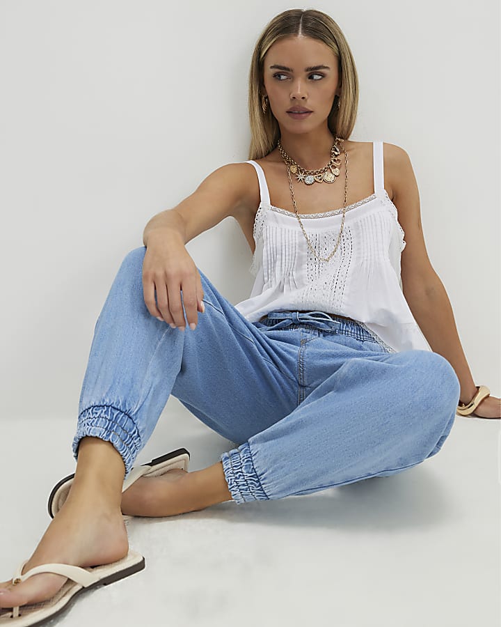 Petite Blue Cuffed Denim Joggers