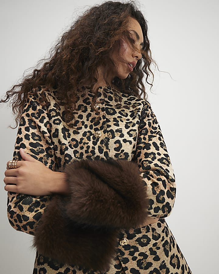 Brown Leopard Jacquard Fur Cuff Coat