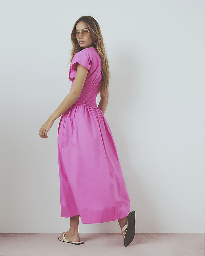 Pink Cotton Pleated Waist Midi Dress