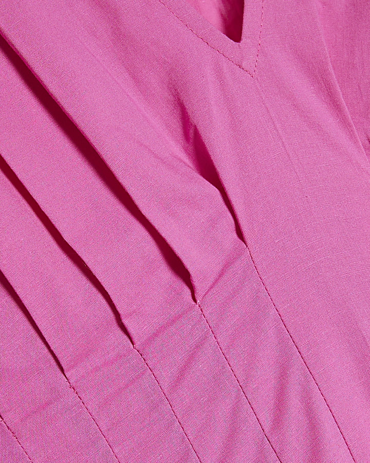 Pink Cotton Pleated Waist Midi Dress