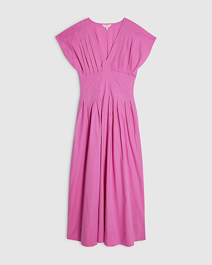 Pink Cotton Pleated Waist Midi Dress