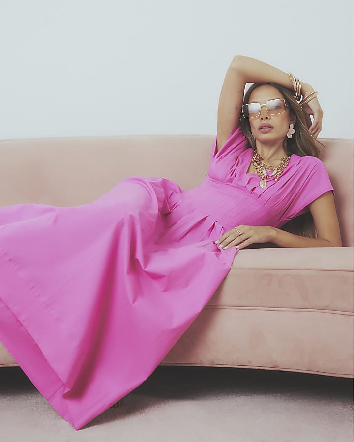 Pink Cotton Pleated Waist Midi Dress