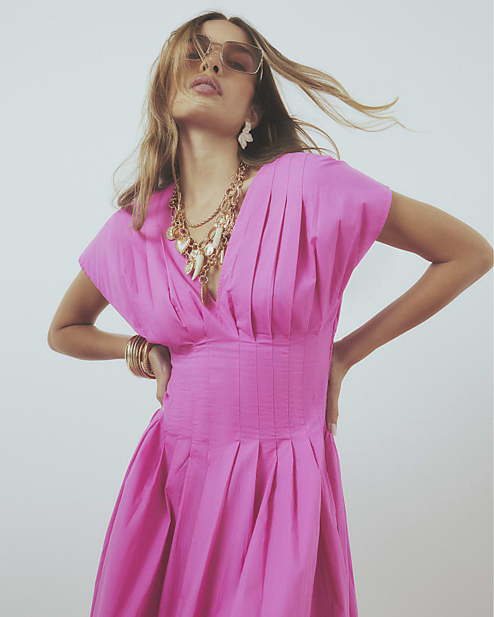 Pink Cotton Pleated Waist Midi Dress