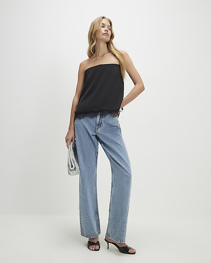 Black Lace Trim Bandeau Tunic Top