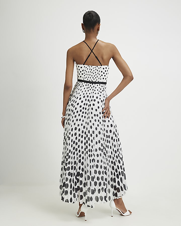 White Polka Dot Applique Flower Maxi Dress