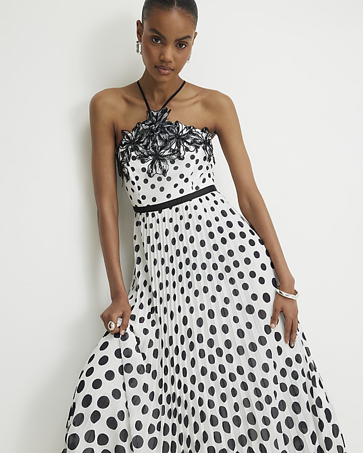 White Polka Dot Applique Flower Maxi Dress