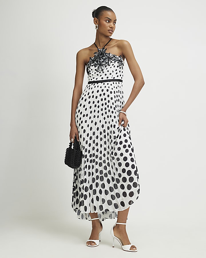 White Polka Dot Applique Flower Maxi Dress