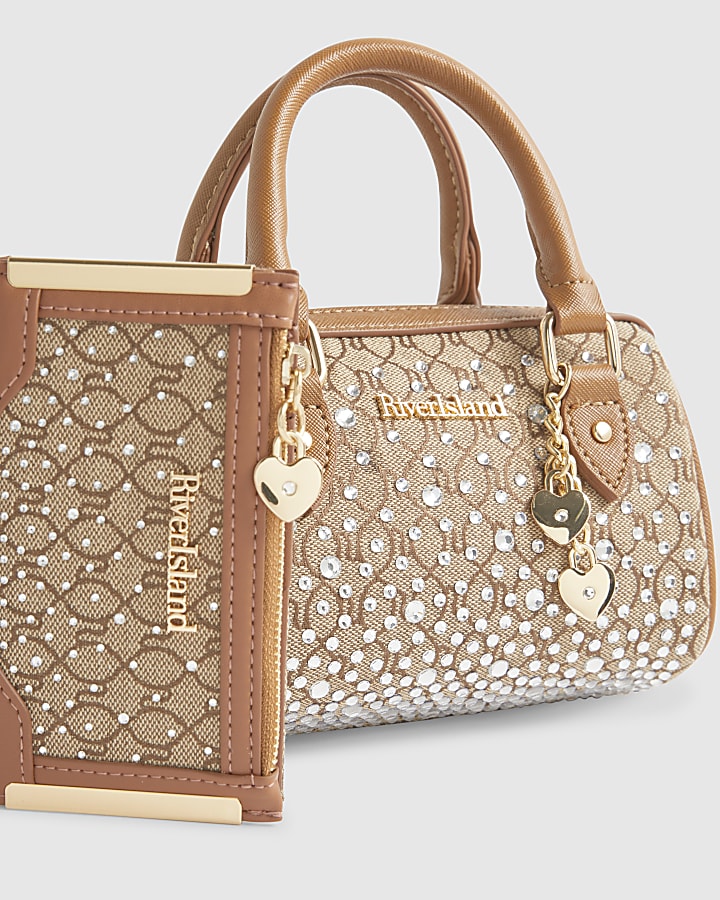 Beige Mini Diamante Bowler Bag And Purse