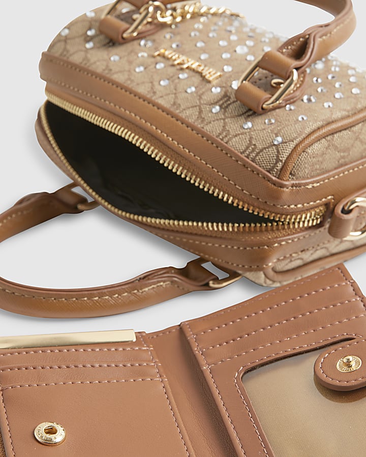 Beige Mini Diamante Bowler Bag And Purse