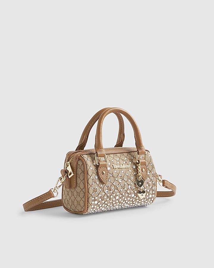 Beige Mini Diamante Bowler Bag And Purse