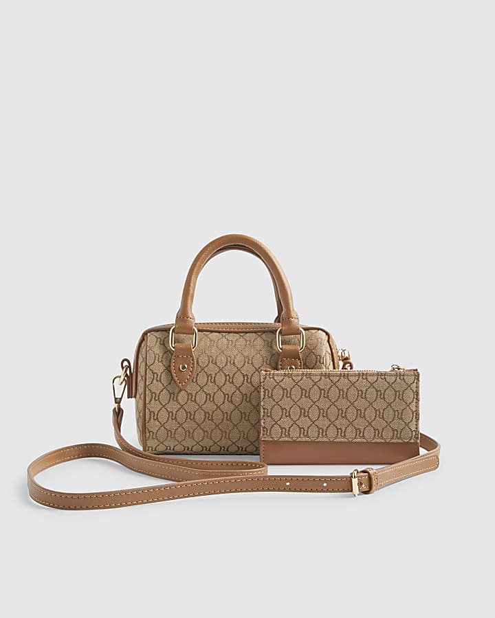 Beige Mini Diamante Bowler Bag And Purse