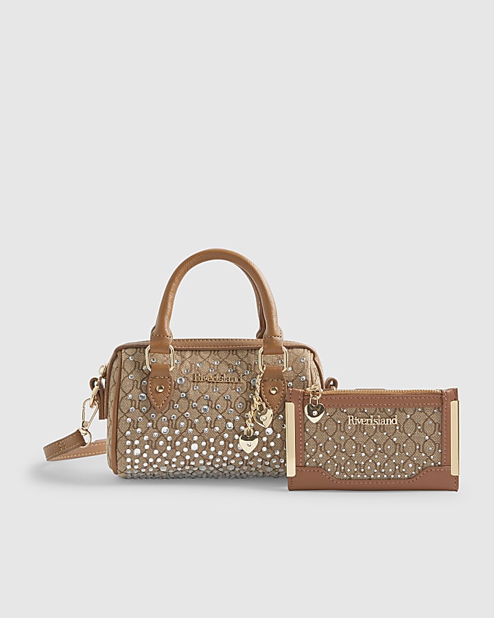 Beige Mini Diamante Bowler Bag And Purse