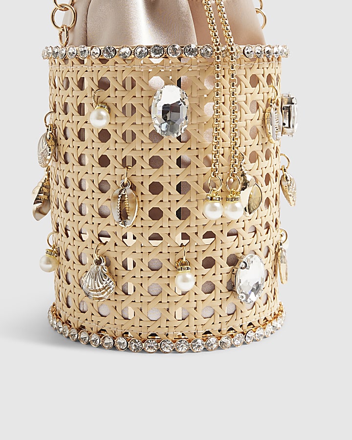 Beige Shell Cylinder Cage Clutch Bag