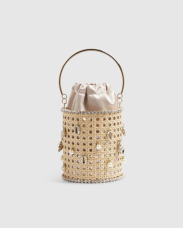 Beige Shell Cylinder Cage Clutch Bag