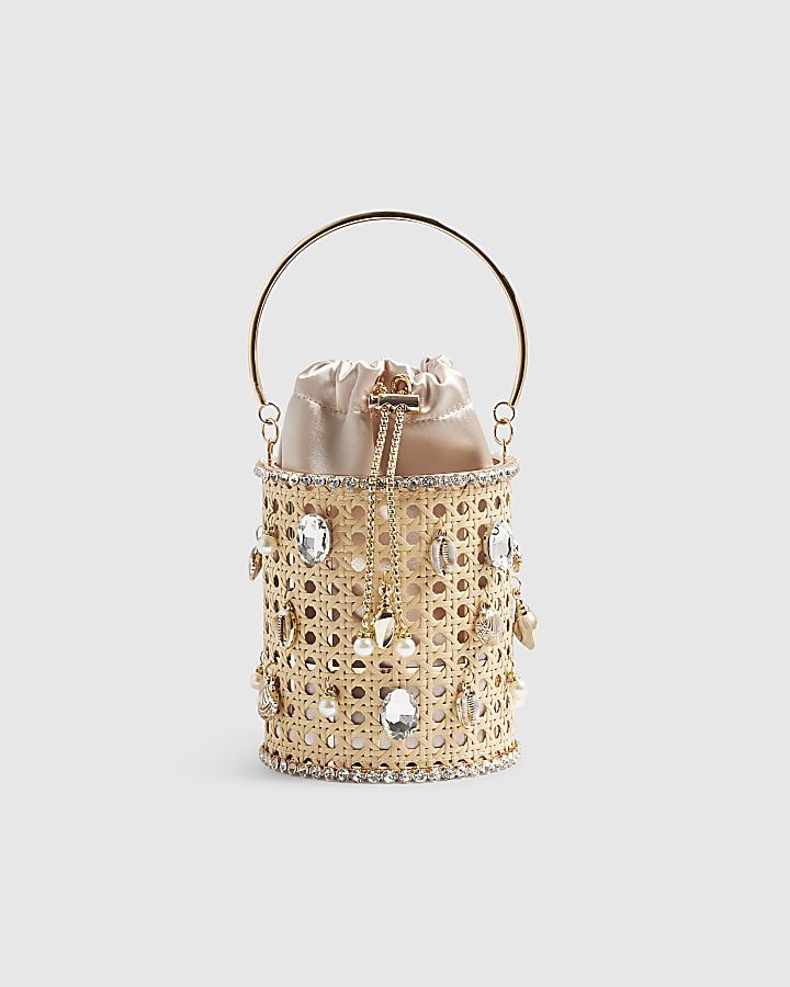 Beige Shell Cylinder Cage Clutch Bag