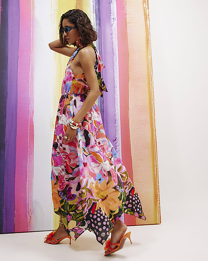 Pink Printed Halter Neck Midi Dress