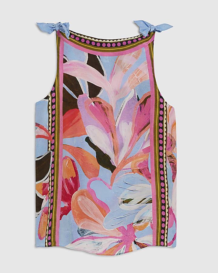 Blue Printed Tie Strap Cami Top