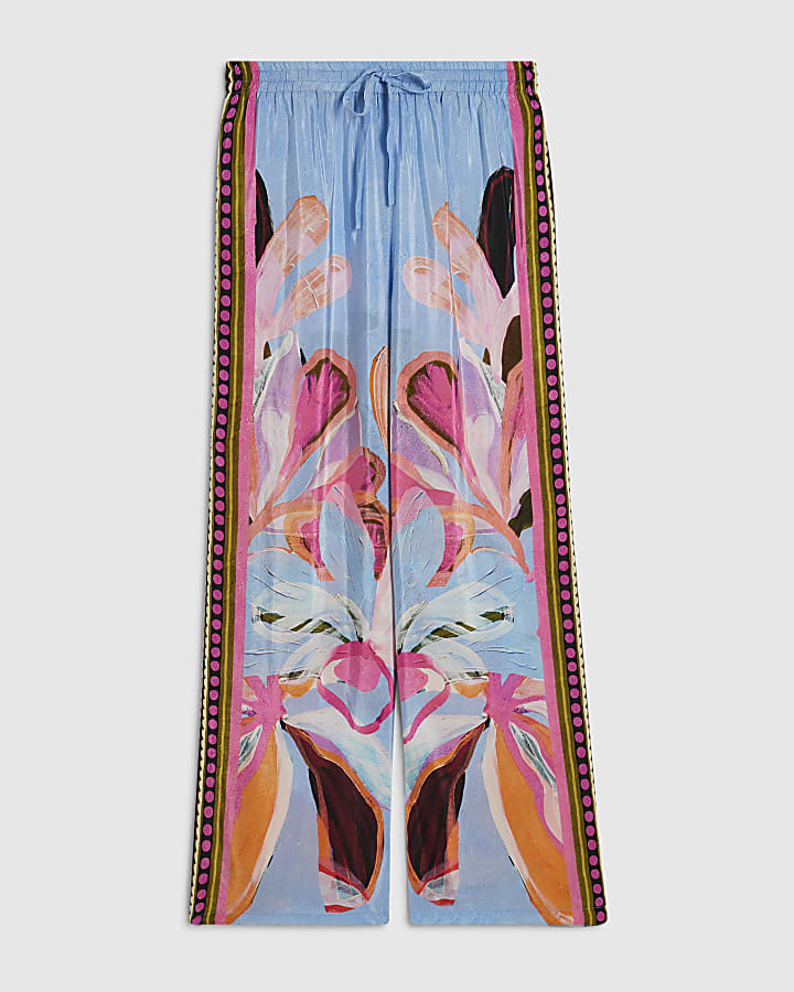 Blue Printed Wide Leg Trousers
