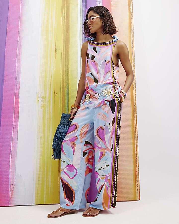 Blue Printed Wide Leg Trousers