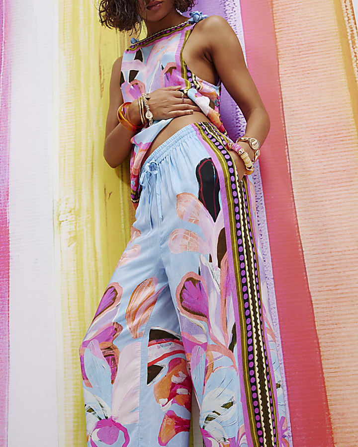 Blue Printed Wide Leg Trousers