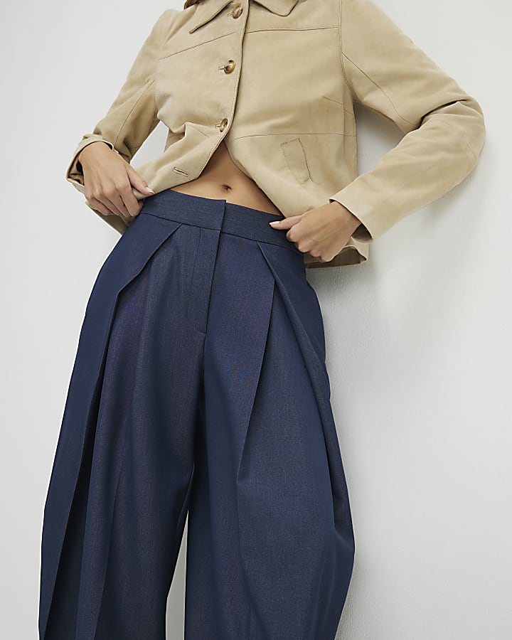 Blue Denim Look Pleated Trousers