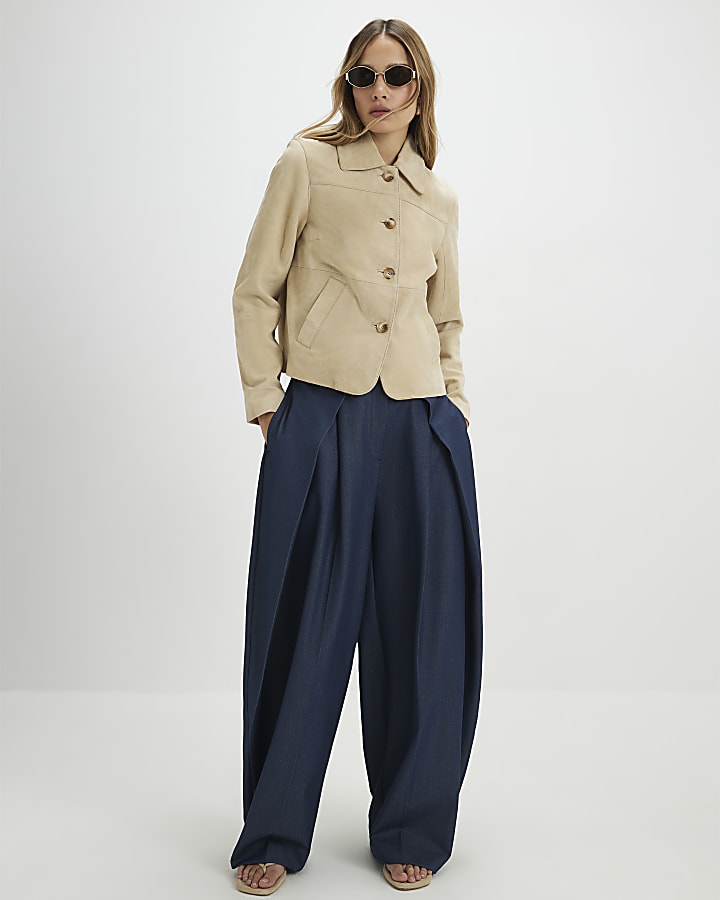 Blue Denim Look Pleated Trousers