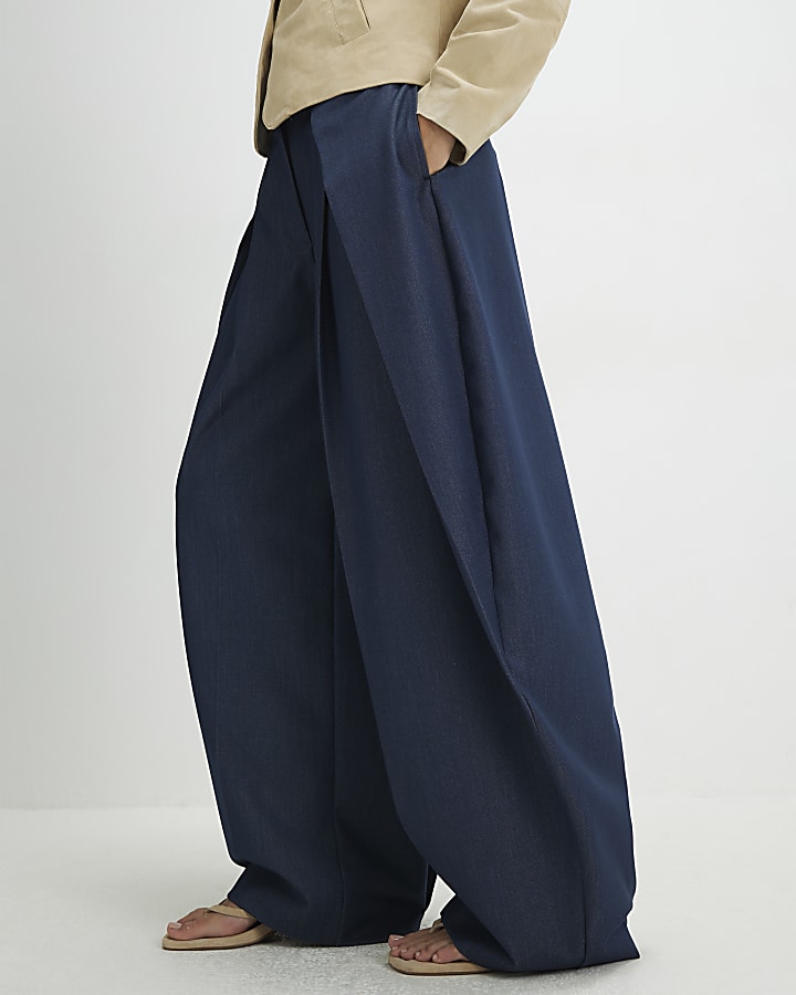 Blue Denim Look Pleated Trousers