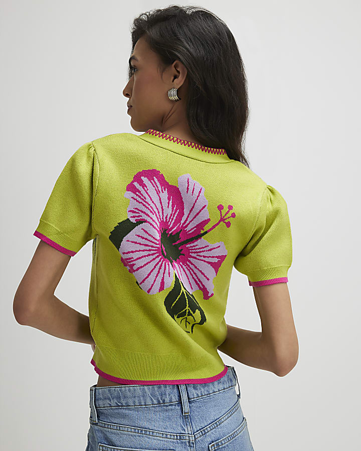 Green Bubble Sleeve Floral Knitted Cardigan