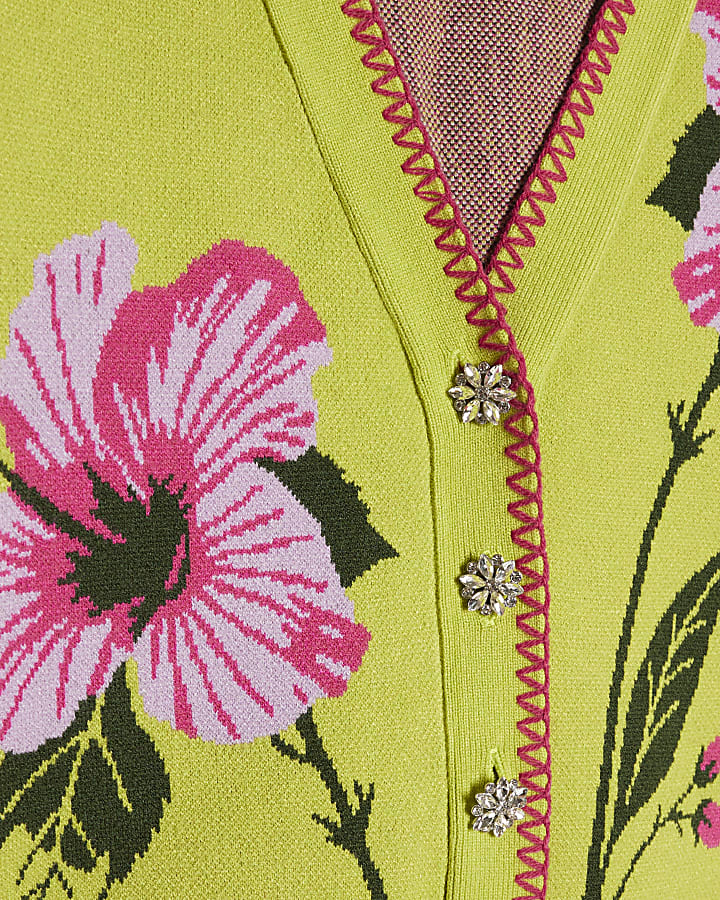 Green Bubble Sleeve Floral Knitted Cardigan