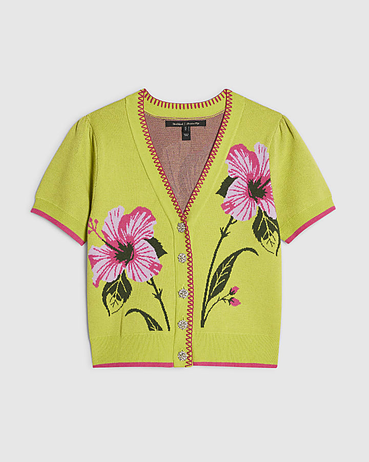 Green Bubble Sleeve Floral Knitted Cardigan
