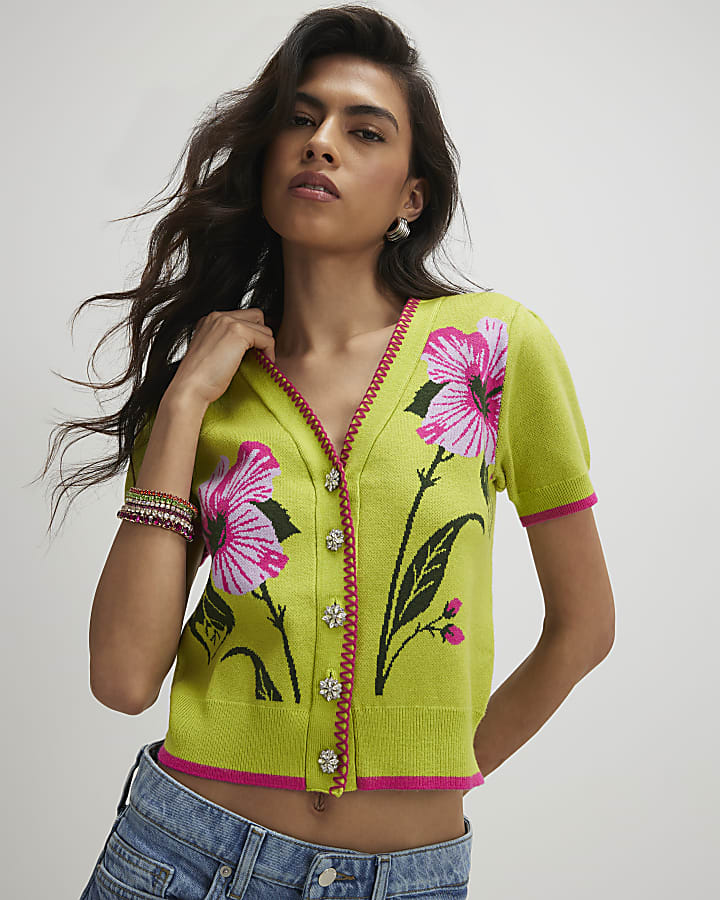 Green Bubble Sleeve Floral Knitted Cardigan