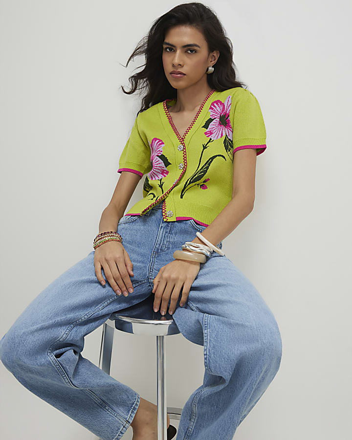 Green Bubble Sleeve Floral Knitted Cardigan