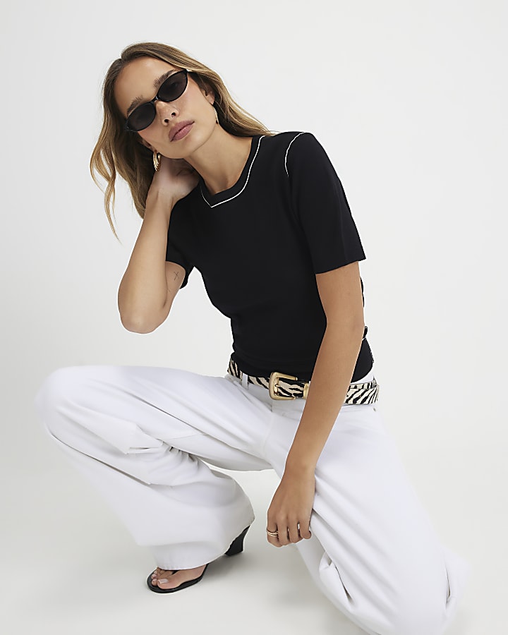Black Short Sleeve Knitted Top