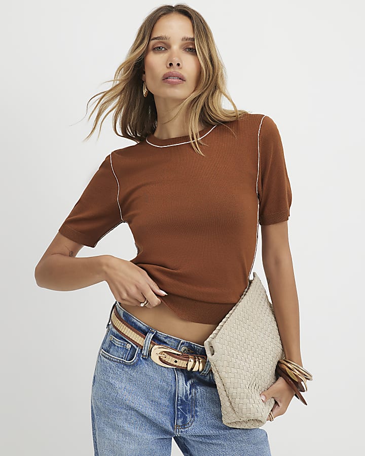 Brown Short Sleeve Knitted Top