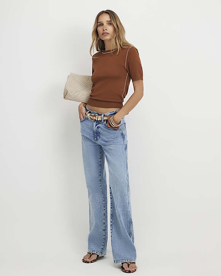 Brown Short Sleeve Knitted Top