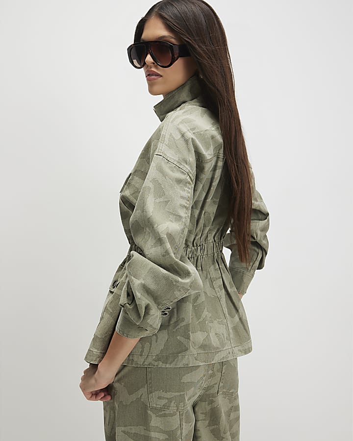 Khaki Camo Print Funnel Neck Jacket