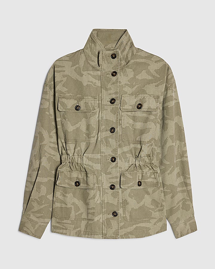Khaki Camo Print Funnel Neck Jacket