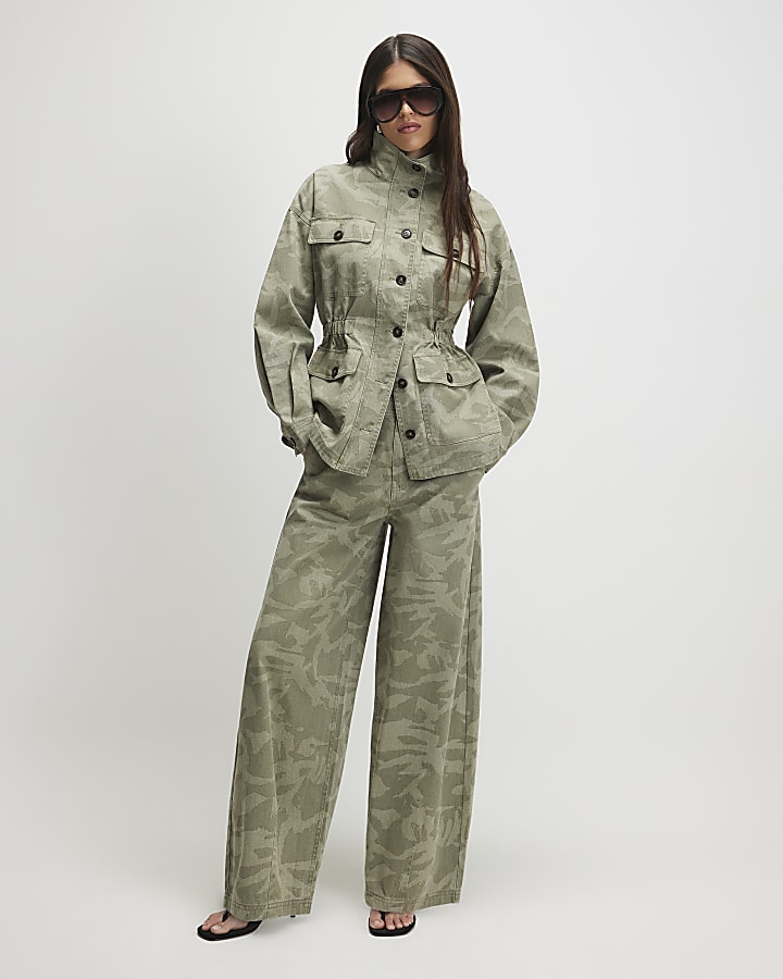 Khaki Camo Print Funnel Neck Jacket