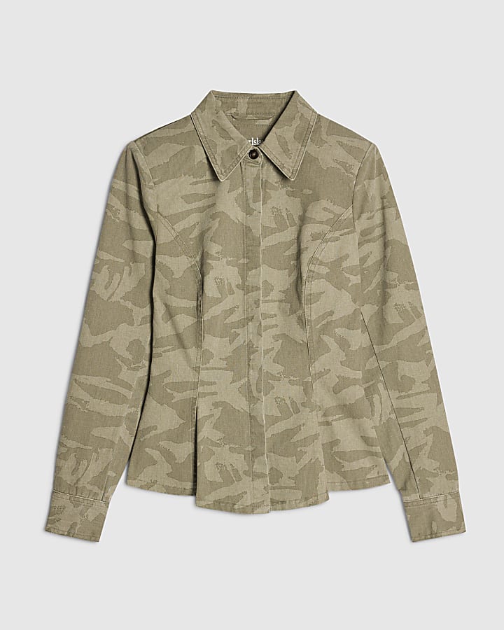 Khaki Denim Camo Print Long Sleeve Shirt