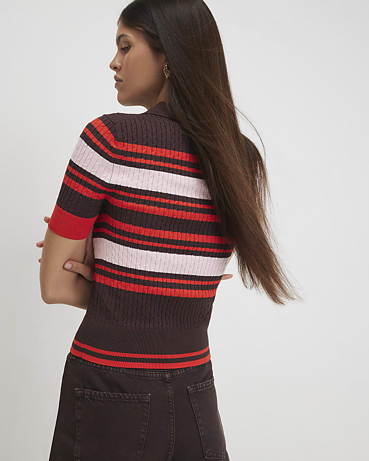 Brown Striped Cable Knit Polo Shirt